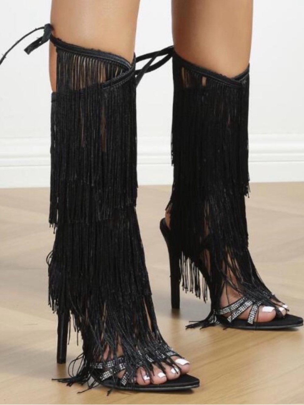 Cape Robbin Black Fringe Lace-Up Stiletto Sandals